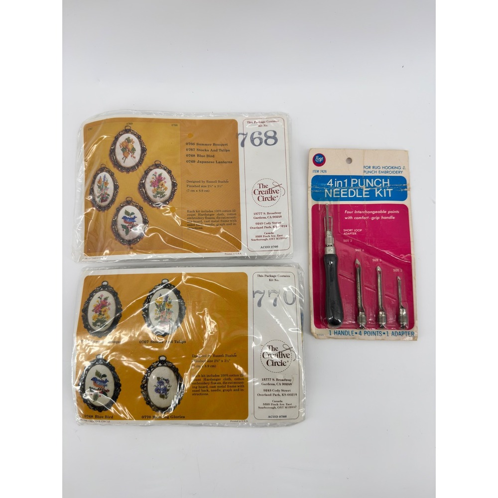 Vintage Creative Circle Embroidery Kits 768 770 & Boye 4in1 Punch Needle Tool
